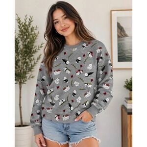 k274. Gray Sushi Cat Print Sweatshirt Kawaii Graphic Pullover Size XL